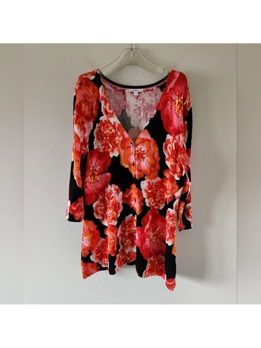 ISAAC MIZRAHI | Floral cardigan button down orange red black sz Large
